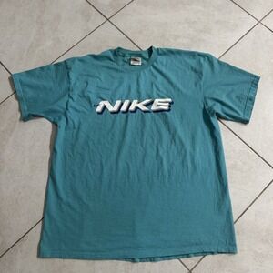 Vintage Nike Shirt Mens XL Teal Spell Out Swoosh Made In USA Cotton Tee 90s